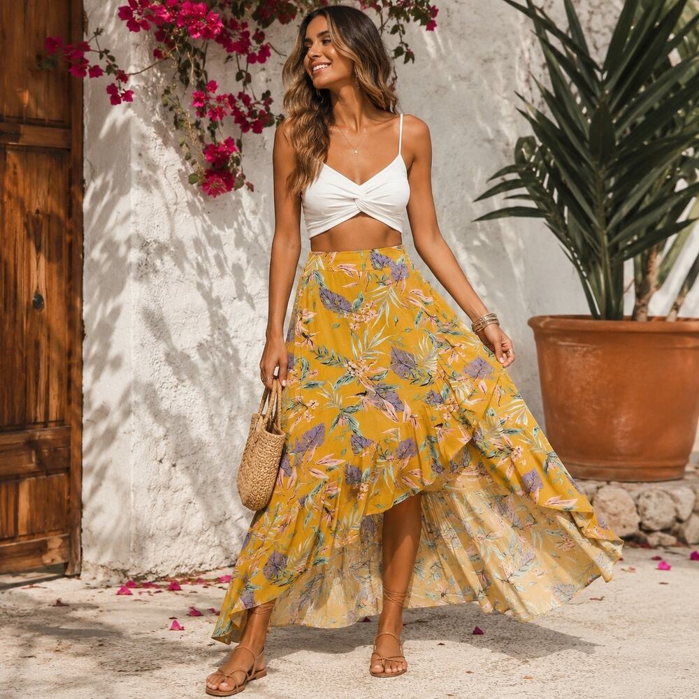 Tropical Floral Maxi Skirt Womens M Yellow Faux Wrap Tiered Ruffles Summer NWT